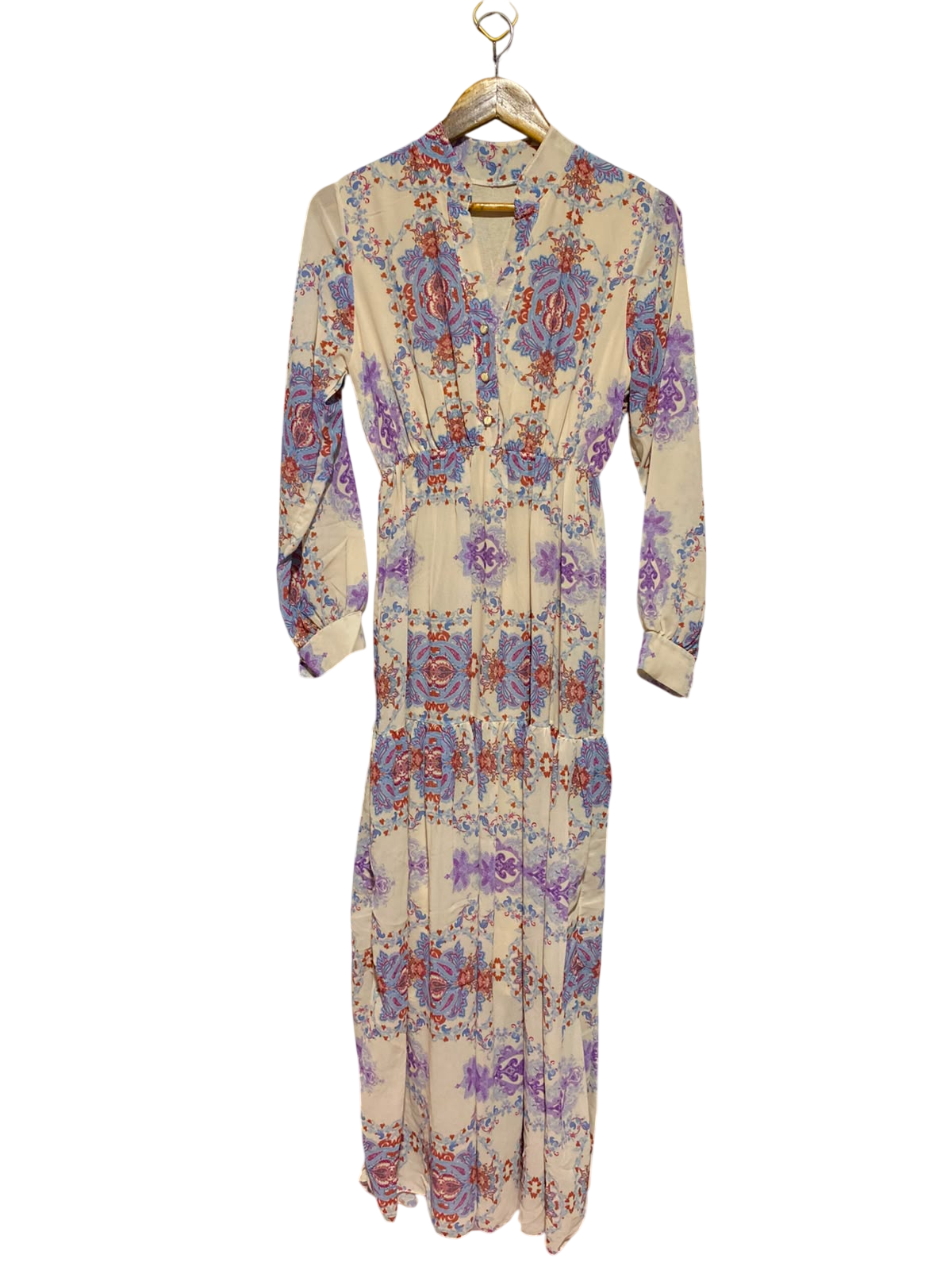 |M| BUST 16| A5| BOHO PAISLEY PRINT LONG-SLEEVE MAXI DRESS - ELASTIC WAIST TIERED LONG DRESS
