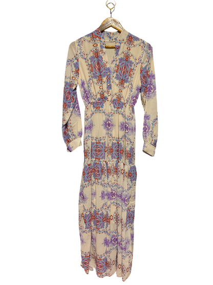 |M| BUST 16| A5| BOHO PAISLEY PRINT LONG-SLEEVE MAXI DRESS - ELASTIC WAIST TIERED LONG DRESS