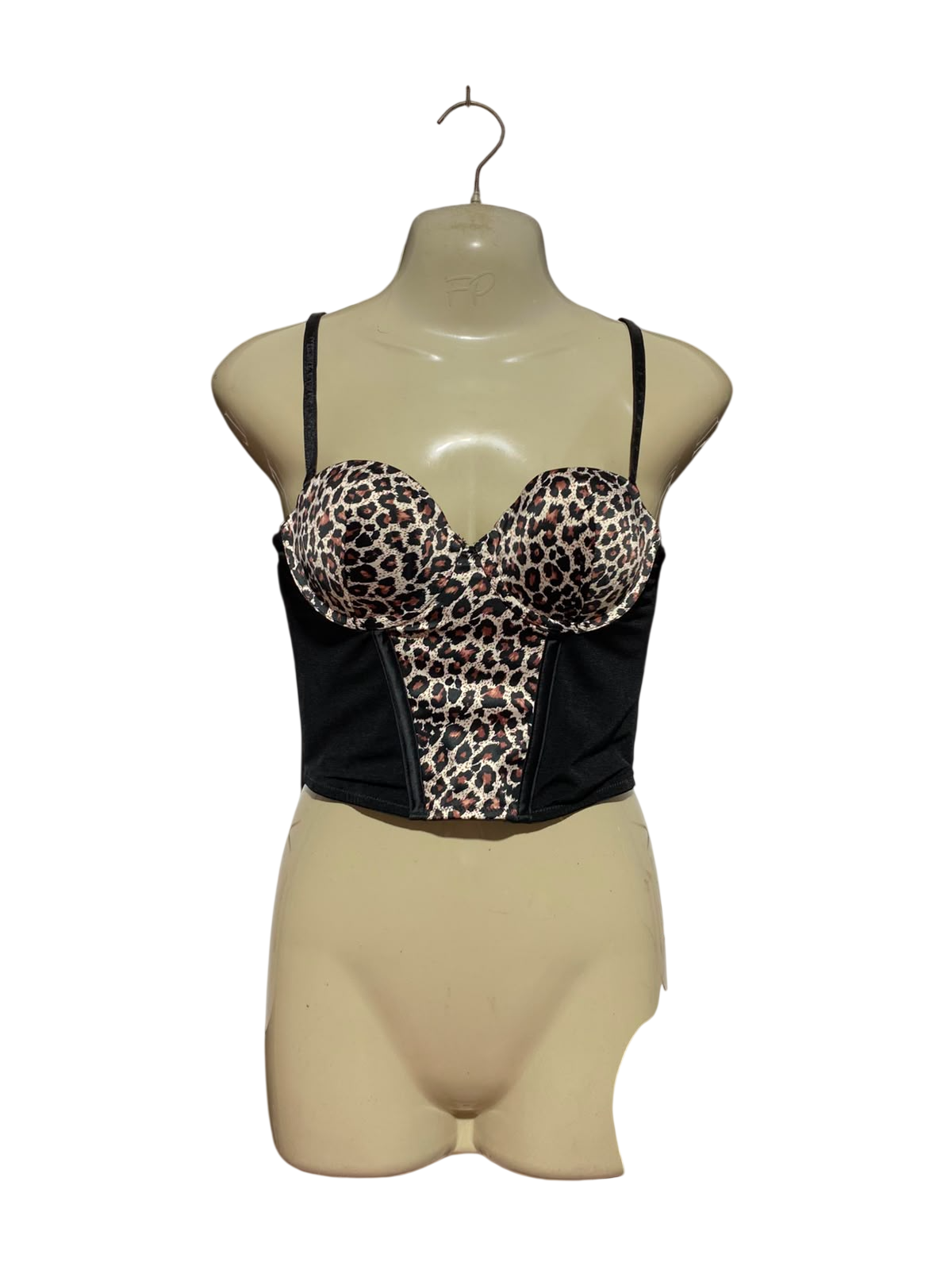 |S| BUST 15| A5| LEOPARD PRINT SATIN CORSET CROP TOP - STRAPLESS BUSTIER TOP WITH BLACK PANELS