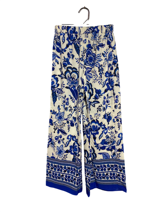 SHEIN |XS| WAIST 24| A5| BLUE AND WHITE FLORAL PRINT WIDE-LEG PALAZZO PANTS - BOHO BEACH TROUSERS