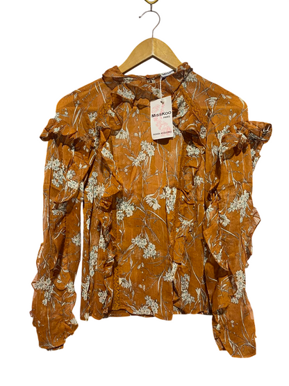 MISSKOO |L| BUST 19| A5| RUST ORANGE FLORAL PRINT RUFFLED LONG-SLEEVE BLOUSE
