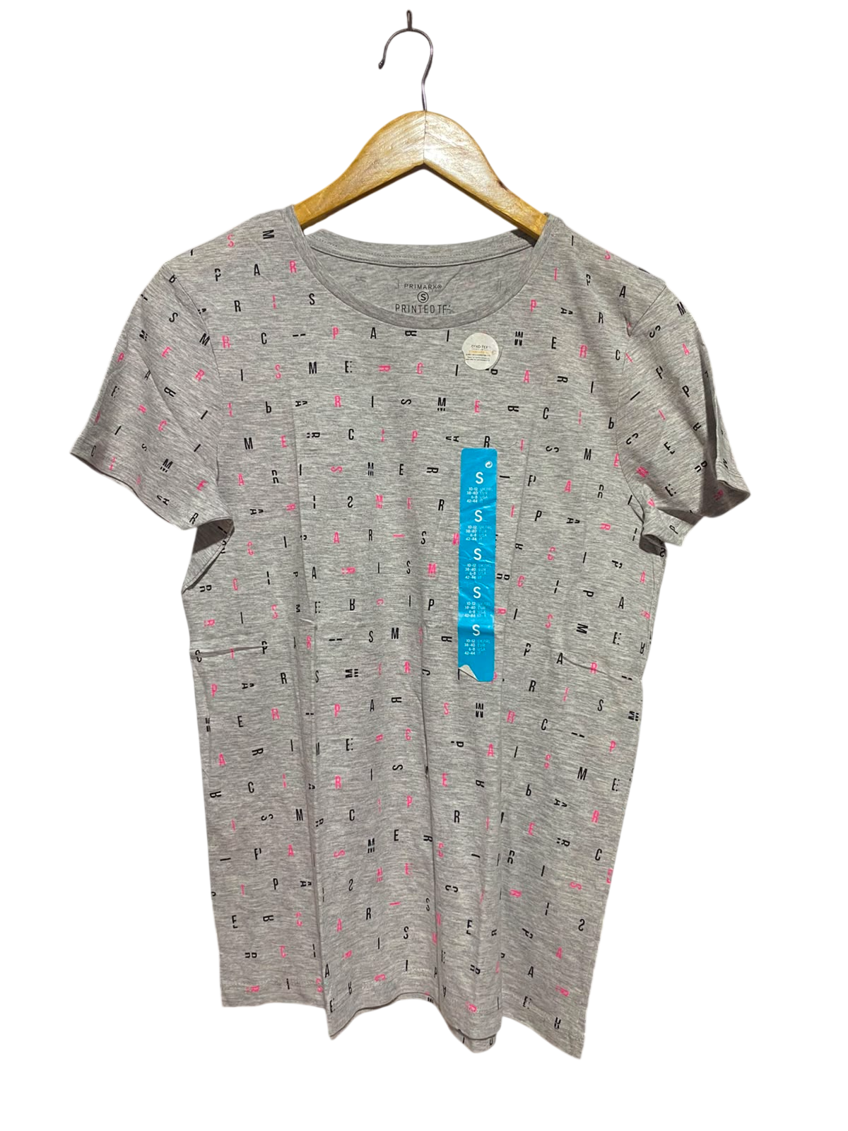 PRIMARK |S| BUST 18| A5| GREY HEATHER ALL-OVER LETTER PRINT SHORT-SLEEVE T-SHIRT