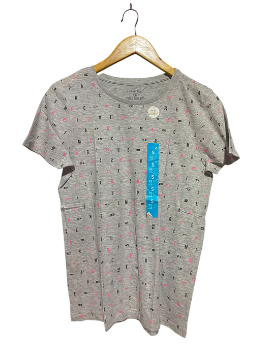 PRIMARK |S| BUST 18| A5| GREY HEATHER ALL-OVER LETTER PRINT SHORT-SLEEVE T-SHIRT