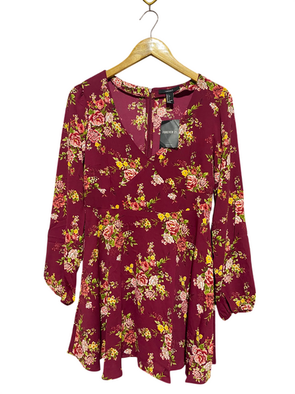 FOREVER |L| BUST 18| A5| FLORAL PRINT LONG-SLEEVE V-NECK MINI DRESS - MAROON / BURGUNDY