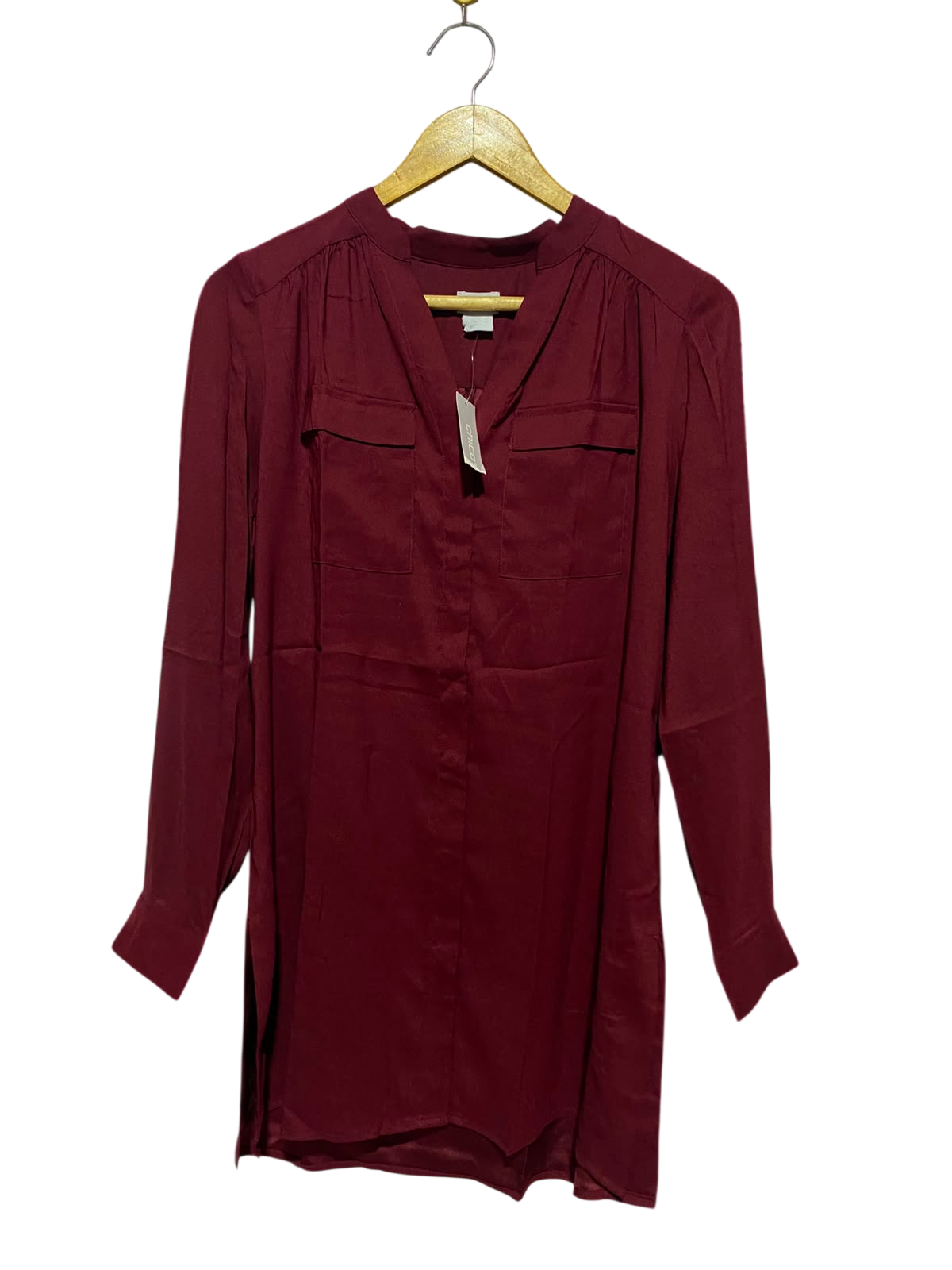 CHICOS |L| BUST 19| A5| WOMEN'S ELEGANT BURGUNDY LONG-SLEEVE BUTTON-UP TUNIC BLOUSE