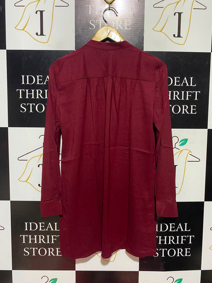 CHICOS |L| BUST 19| A5| WOMEN'S ELEGANT BURGUNDY LONG-SLEEVE BUTTON-UP TUNIC BLOUSE