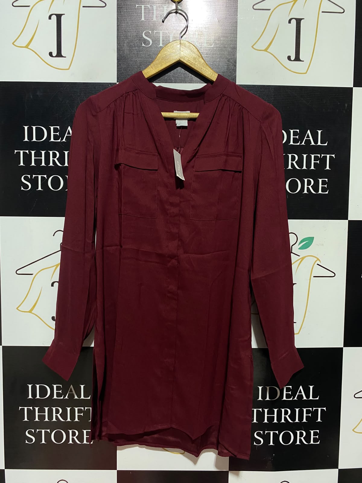 CHICOS |L| BUST 19| A5| WOMEN'S ELEGANT BURGUNDY LONG-SLEEVE BUTTON-UP TUNIC BLOUSE