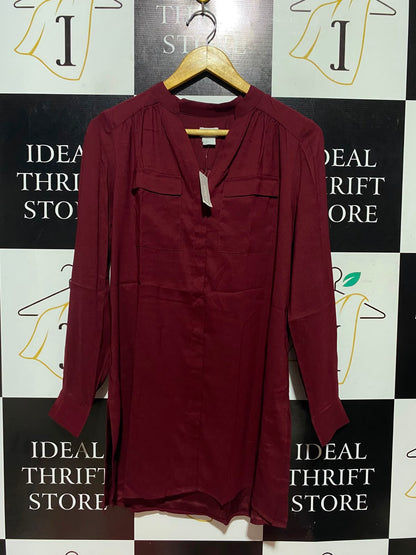 CHICOS |L| BUST 19| A5| WOMEN'S ELEGANT BURGUNDY LONG-SLEEVE BUTTON-UP TUNIC BLOUSE