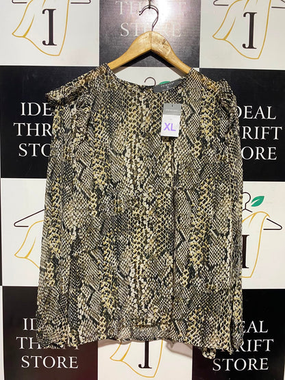 PRIMARK |XL| BUST 24| A5| SNAKESKIN PRINT LONG-SLEEVE RUFFLE SHOULDER BLOUSE