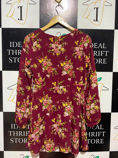 FOREVER |L| BUST 18| A5| FLORAL PRINT LONG-SLEEVE V-NECK MINI DRESS - MAROON / BURGUNDY