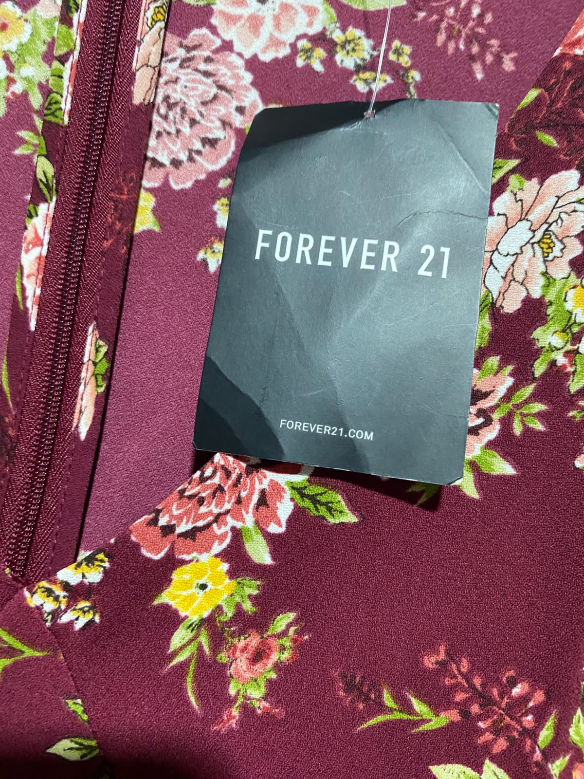FOREVER |L| BUST 18| A5| FLORAL PRINT LONG-SLEEVE V-NECK MINI DRESS - MAROON / BURGUNDY