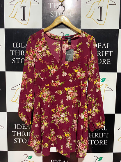 FOREVER |L| BUST 18| A5| FLORAL PRINT LONG-SLEEVE V-NECK MINI DRESS - MAROON / BURGUNDY