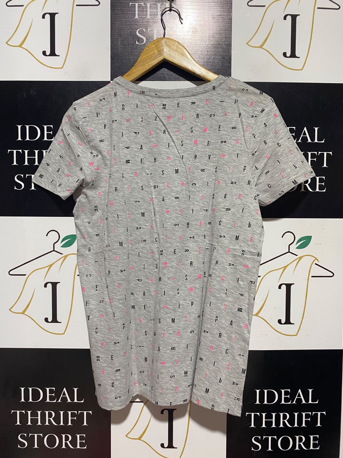 PRIMARK |S| BUST 18| A5| GREY HEATHER ALL-OVER LETTER PRINT SHORT-SLEEVE T-SHIRT