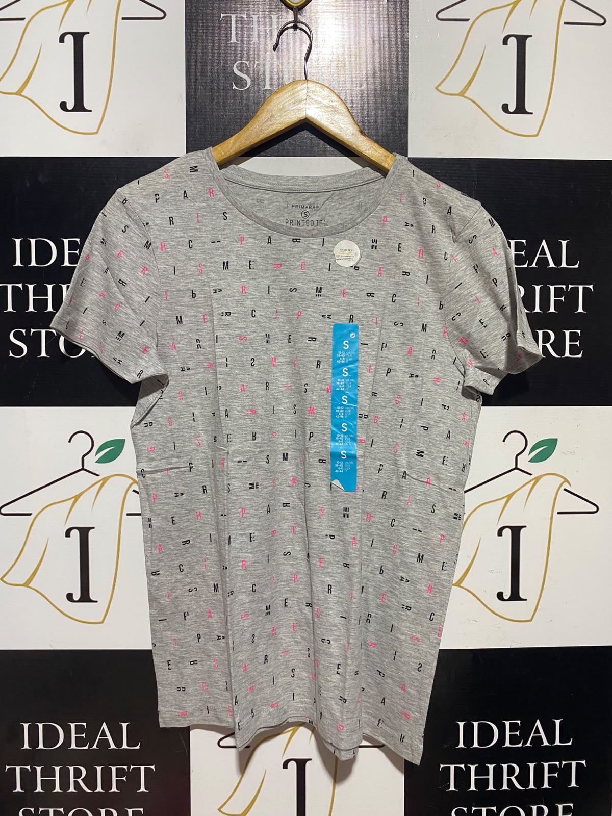 PRIMARK |S| BUST 18| A5| GREY HEATHER ALL-OVER LETTER PRINT SHORT-SLEEVE T-SHIRT