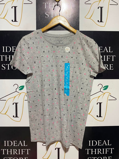 PRIMARK |S| BUST 18| A5| GREY HEATHER ALL-OVER LETTER PRINT SHORT-SLEEVE T-SHIRT