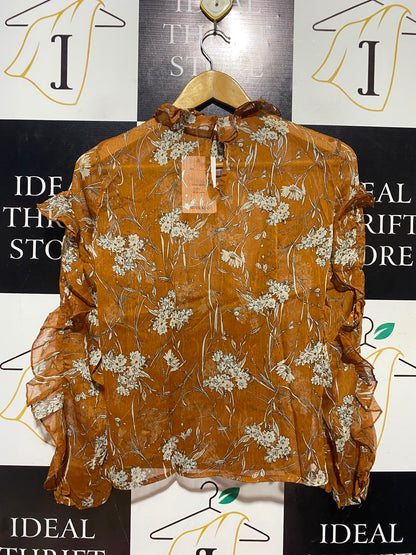 MISSKOO |L| BUST 19| A5| RUST ORANGE FLORAL PRINT RUFFLED LONG-SLEEVE BLOUSE