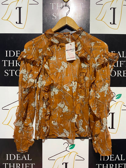 MISSKOO |L| BUST 19| A5| RUST ORANGE FLORAL PRINT RUFFLED LONG-SLEEVE BLOUSE