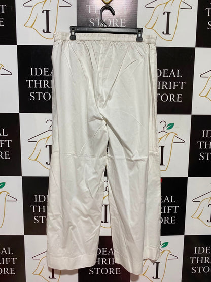 MOTIF |XL| WAIST 34| A5| SOLID WHITE COTTON WIDE-LEG TROUSERS - ELASTICATED WAIST PALAZZO PANTS