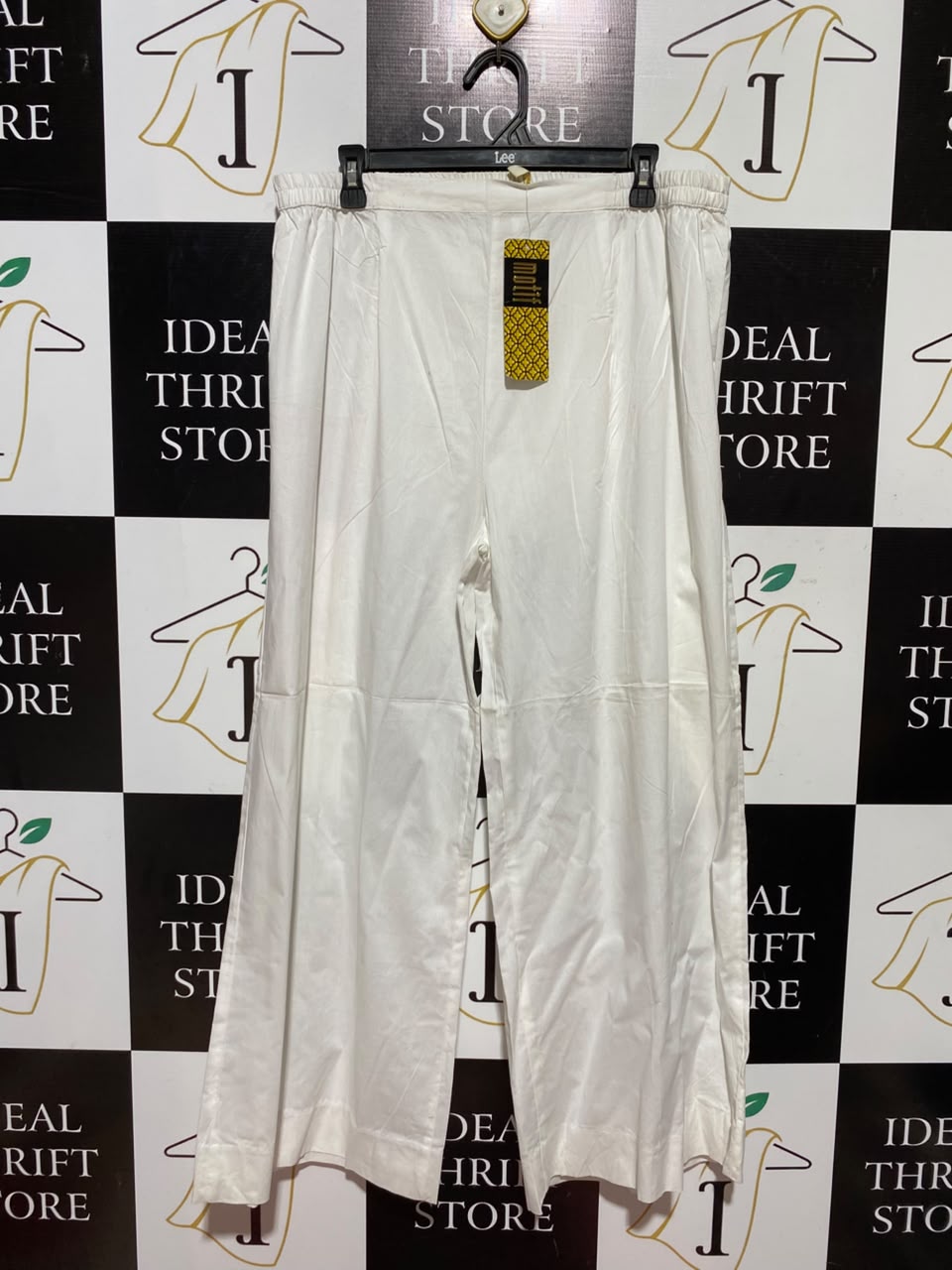 MOTIF |XL| WAIST 34| A5| SOLID WHITE COTTON WIDE-LEG TROUSERS - ELASTICATED WAIST PALAZZO PANTS