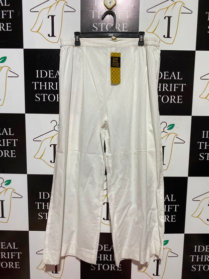 MOTIF |XL| WAIST 34| A5| SOLID WHITE COTTON WIDE-LEG TROUSERS - ELASTICATED WAIST PALAZZO PANTS