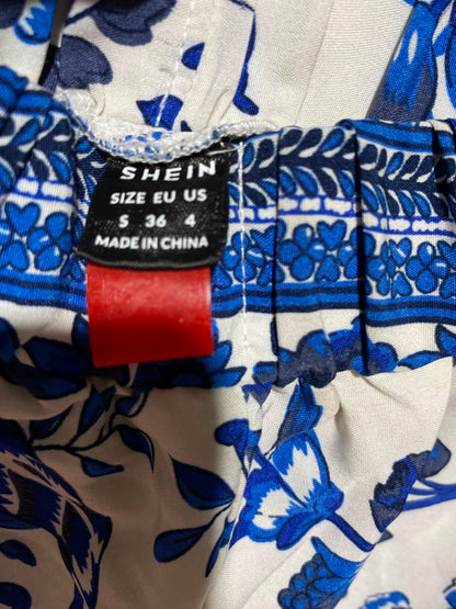 SHEIN |S| WAIST 22| A5| BLUE AND WHITE FLORAL PRINT WIDE-LEG PALAZZO PANTS - BOHO BEACH TROUSERS
