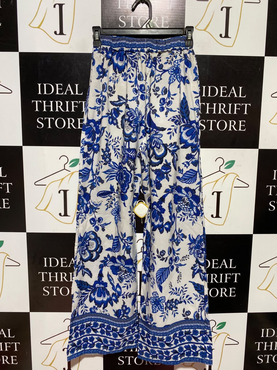 SHEIN |S| WAIST 22| A5| BLUE AND WHITE FLORAL PRINT WIDE-LEG PALAZZO PANTS - BOHO BEACH TROUSERS