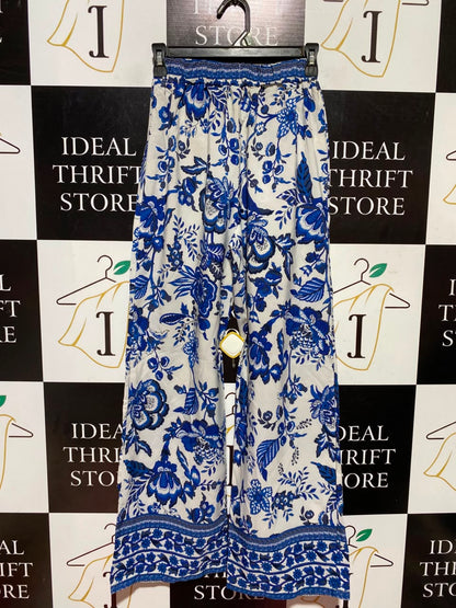 SHEIN |S| WAIST 22| A5| BLUE AND WHITE FLORAL PRINT WIDE-LEG PALAZZO PANTS - BOHO BEACH TROUSERS
