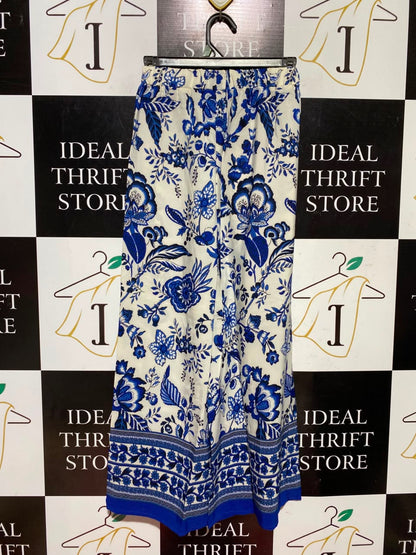 SHEIN |XS| WAIST 24| A5| BLUE AND WHITE FLORAL PRINT WIDE-LEG PALAZZO PANTS - BOHO BEACH TROUSERS