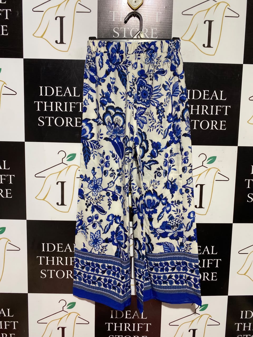 SHEIN |XS| WAIST 24| A5| BLUE AND WHITE FLORAL PRINT WIDE-LEG PALAZZO PANTS - BOHO BEACH TROUSERS
