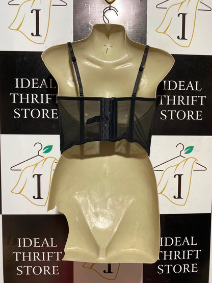 |S| BUST 15| A5| LEOPARD PRINT SATIN CORSET CROP TOP - STRAPLESS BUSTIER TOP WITH BLACK PANELS