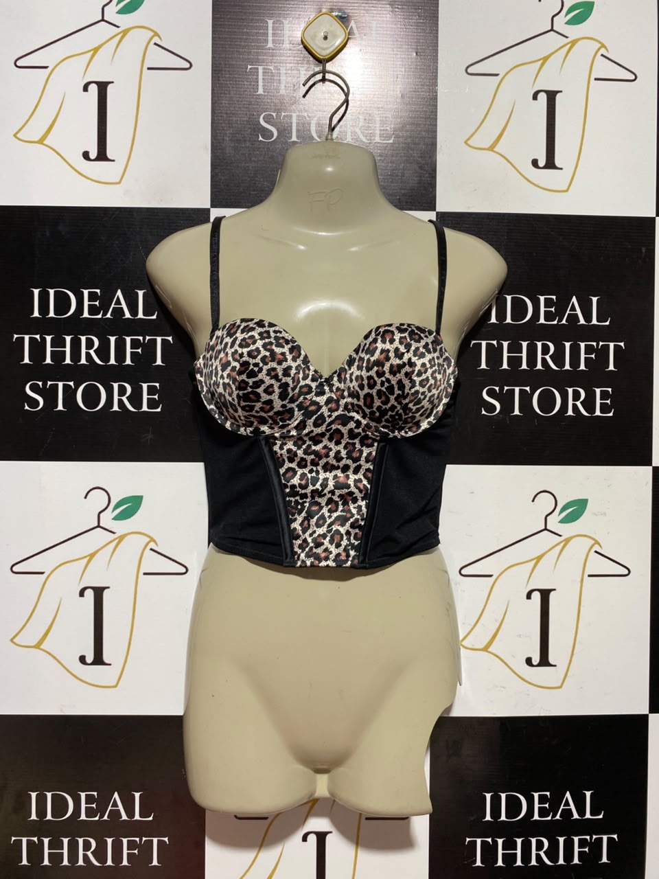 |S| BUST 15| A5| LEOPARD PRINT SATIN CORSET CROP TOP - STRAPLESS BUSTIER TOP WITH BLACK PANELS