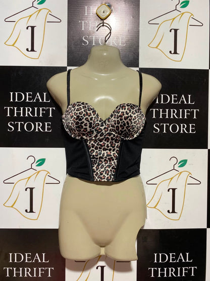 |S| BUST 15| A5| LEOPARD PRINT SATIN CORSET CROP TOP - STRAPLESS BUSTIER TOP WITH BLACK PANELS