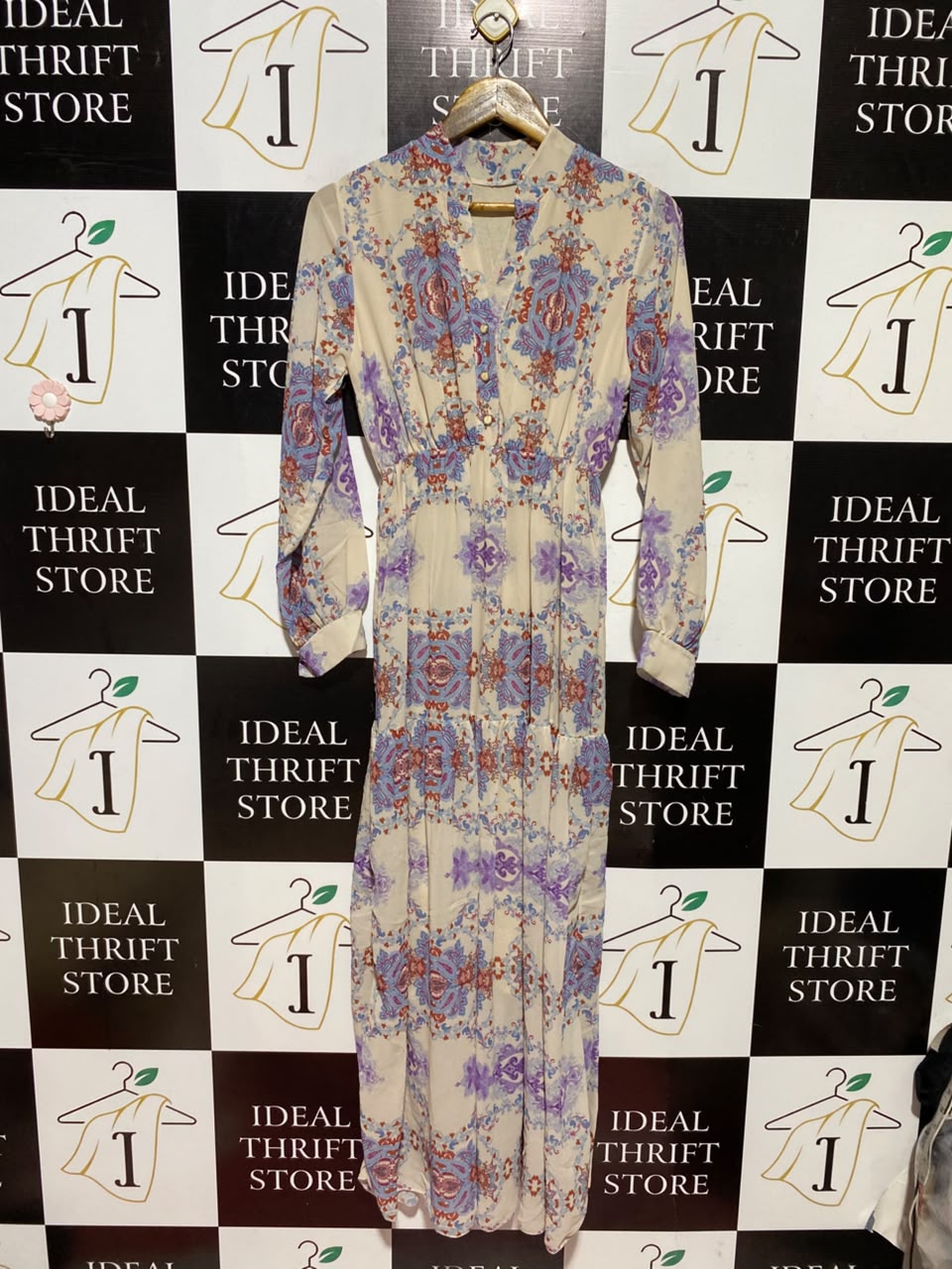 |M| BUST 16| A5| BOHO PAISLEY PRINT LONG-SLEEVE MAXI DRESS - ELASTIC WAIST TIERED LONG DRESS