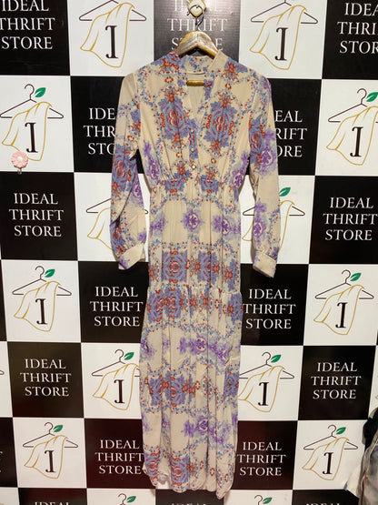 |M| BUST 16| A5| BOHO PAISLEY PRINT LONG-SLEEVE MAXI DRESS - ELASTIC WAIST TIERED LONG DRESS