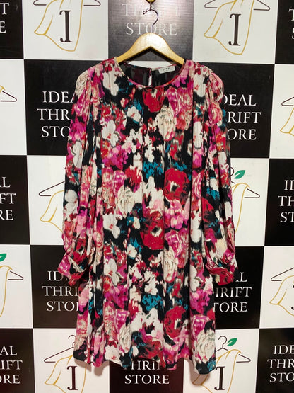 SOON |M| BUST 19| A5| VIBRANT FLORAL PRINT LONG-SLEEVE MINI DRESS - PLEATED SHIFT DRESS