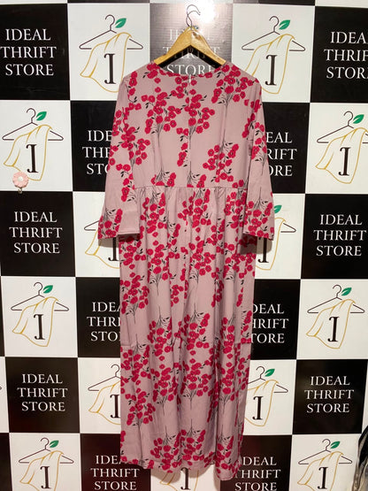 SHEIN |L| BUST 20| A5| DUSTY PINK & RED FLORAL PRINT LONG-SLEEVE MAXI DRESS