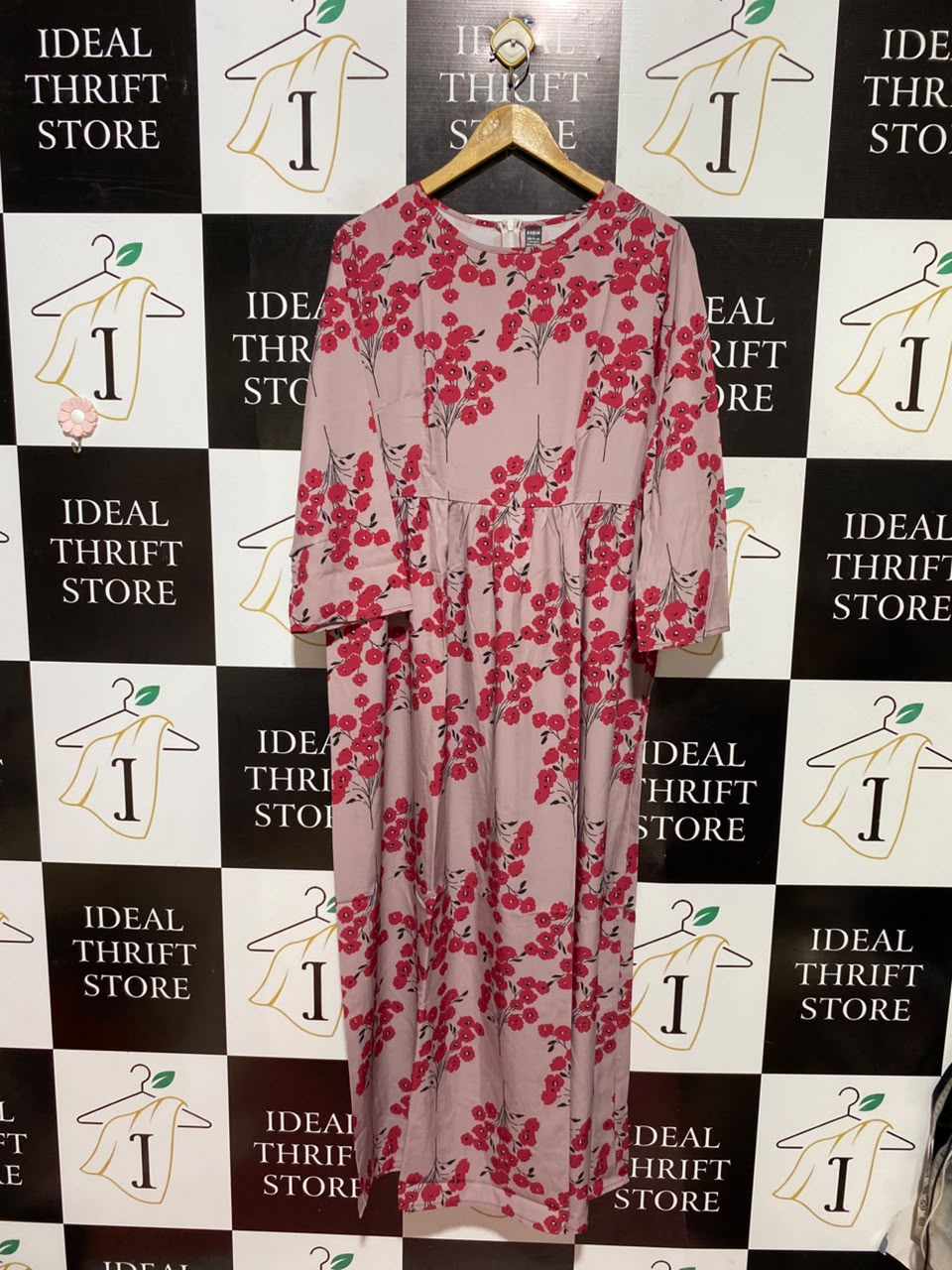 SHEIN |L| BUST 20| A5| DUSTY PINK & RED FLORAL PRINT LONG-SLEEVE MAXI DRESS