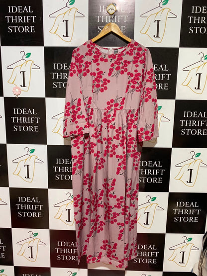 SHEIN |L| BUST 20| A5| DUSTY PINK & RED FLORAL PRINT LONG-SLEEVE MAXI DRESS