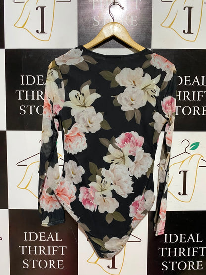 GEORGE |M| BUST 16| A5| FLORAL MESH LONG-SLEEVE BODYSUIT - BLACK CREW-NECK FLORAL PRINT TOP