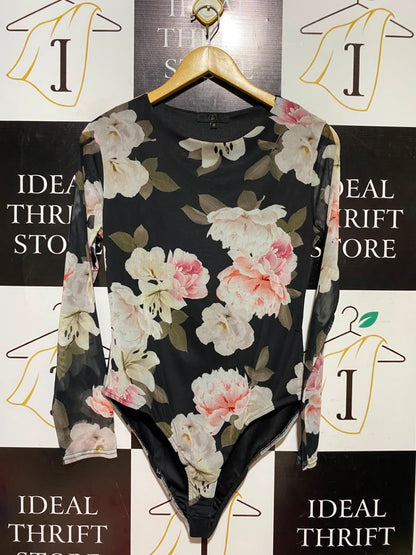GEORGE |M| BUST 16| A5| FLORAL MESH LONG-SLEEVE BODYSUIT - BLACK CREW-NECK FLORAL PRINT TOP