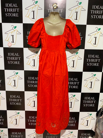 PRIMARK |M| BUST 17| A5| ORANGE RED PUFF-SLEEVE EMBROIDERED MAXI DRESS - TIE-FRONT SCHIFFLI HEM DRESS
