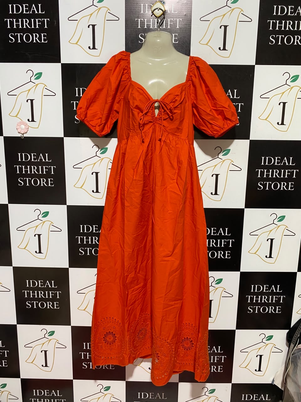 PRIMARK |M| BUST 17| A5| ORANGE RED PUFF-SLEEVE EMBROIDERED MAXI DRESS - TIE-FRONT SCHIFFLI HEM DRESS