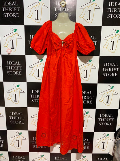 PRIMARK |M| BUST 17| A5| ORANGE RED PUFF-SLEEVE EMBROIDERED MAXI DRESS - TIE-FRONT SCHIFFLI HEM DRESS