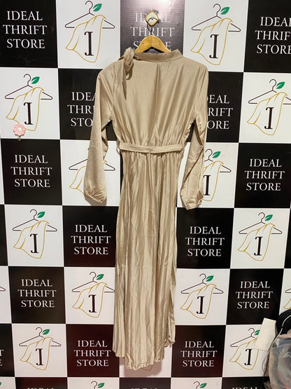 |M| BUST 17| A5| CHAMPAGNE GOLD SATIN HIGH-NECK MAXI DRESS - PLEATED TIE-NECK LONG-SLEEVE EVENING DRESS