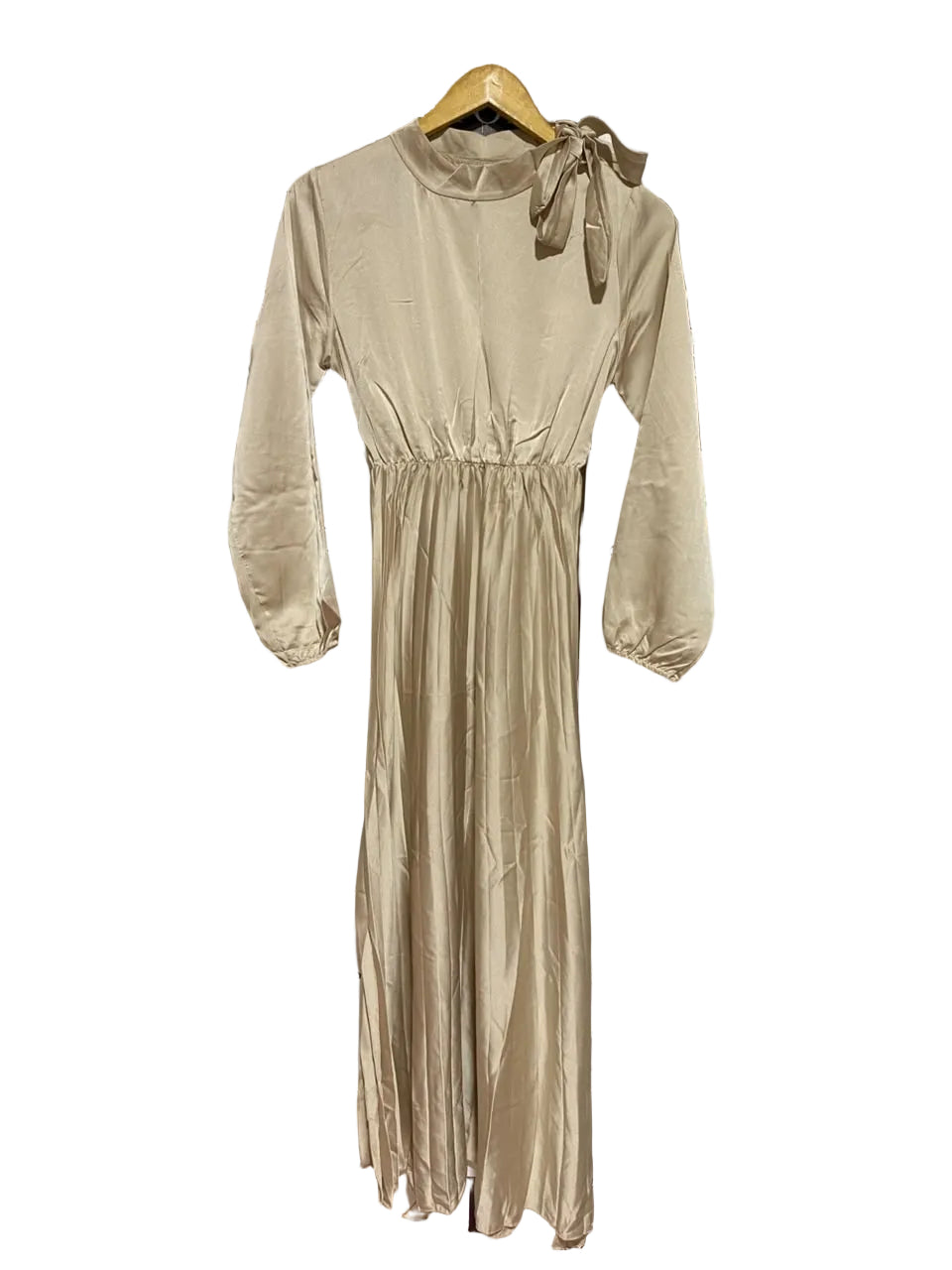 |M| BUST 17| A5| CHAMPAGNE GOLD SATIN HIGH-NECK MAXI DRESS - PLEATED TIE-NECK LONG-SLEEVE EVENING DRESS