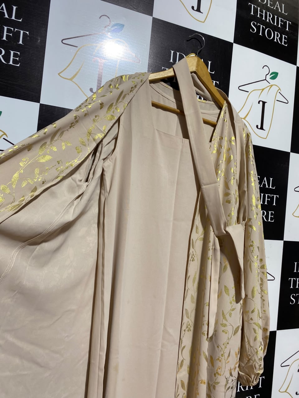SHEIN |XL|BUST 20| A5| BEIGE & GOLD FOIL LEAF PRINT CARDIGAN ABAYA SET - 2-PIECE TIE-FRONT MAXI DRESS