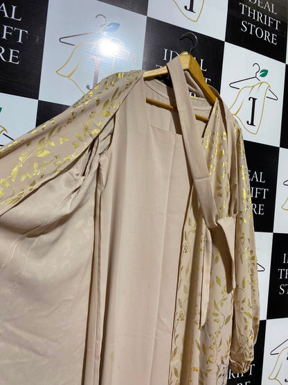 SHEIN |XL|BUST 20| A5| BEIGE & GOLD FOIL LEAF PRINT CARDIGAN ABAYA SET - 2-PIECE TIE-FRONT MAXI DRESS