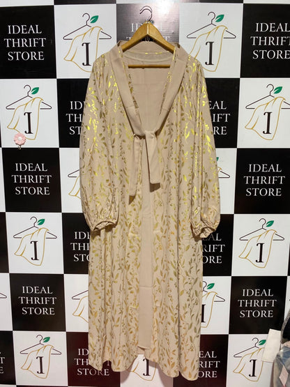 SHEIN |XL|BUST 20| A5| BEIGE & GOLD FOIL LEAF PRINT CARDIGAN ABAYA SET - 2-PIECE TIE-FRONT MAXI DRESS
