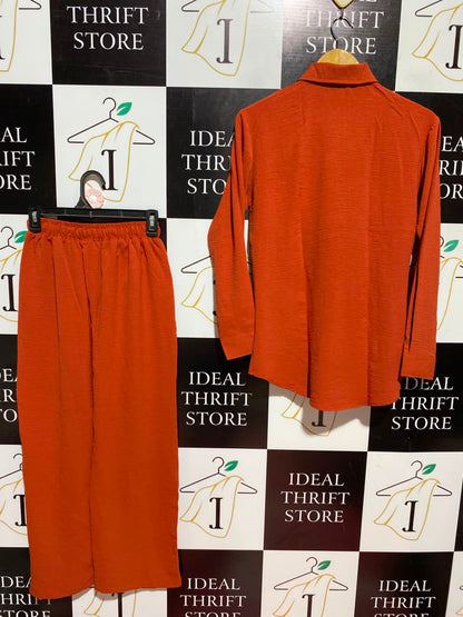 THE FITTIRE |M| A5| RUST ORANGE 2-PIECE CO-ORD SET - LONG-SLEEVE BUTTON-DOWN SHIRT & DRAWSTRING TROUSERS