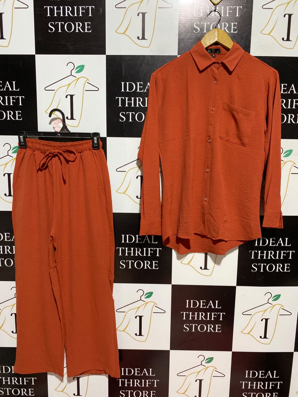 THE FITTIRE |M| A5| RUST ORANGE 2-PIECE CO-ORD SET - LONG-SLEEVE BUTTON-DOWN SHIRT & DRAWSTRING TROUSERS